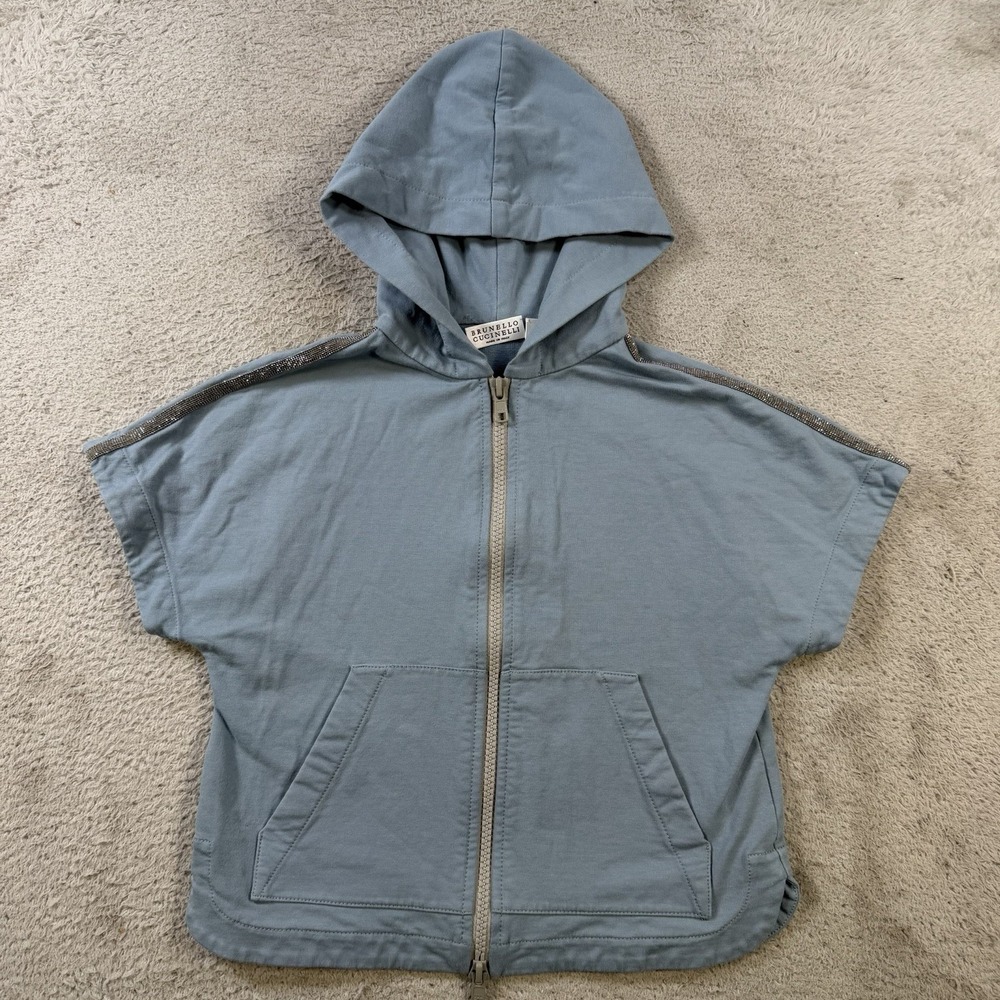 Brunello Cucinelli Hoodie Girls Size 4 Blue Full Zip Monili Beaded Italy Youth